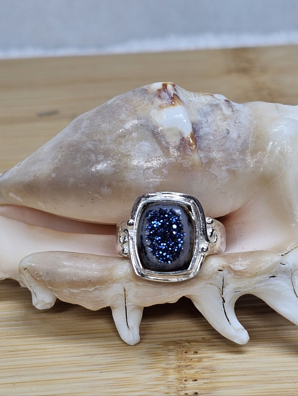 Sajen Sterling Silver Blue Druzy Scroll Ring Size 7 Vintage Artisan